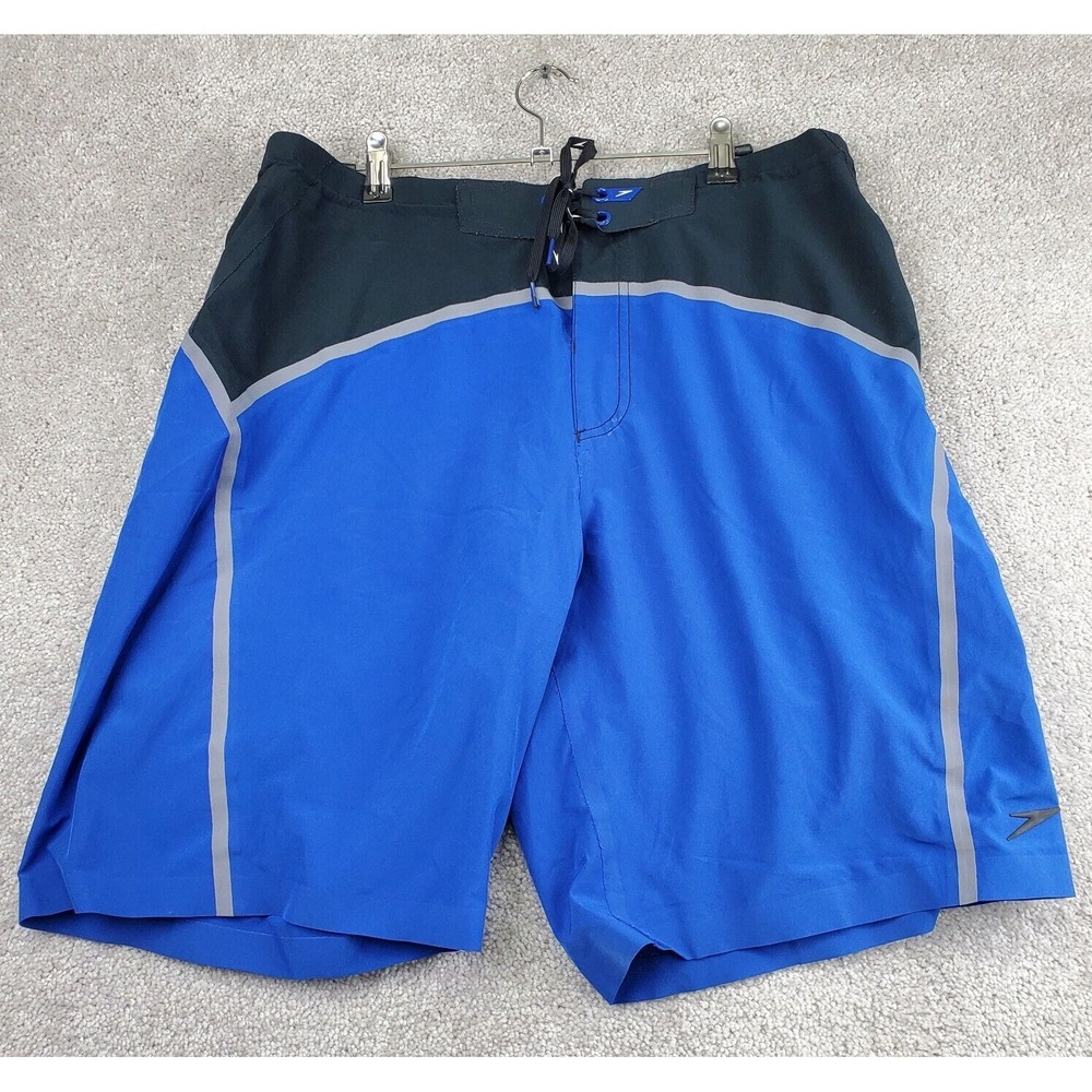 Speedo Shorts Men 36 Blue Black‎ Polyester Stretch Lace-Up Boardshorts Pockets